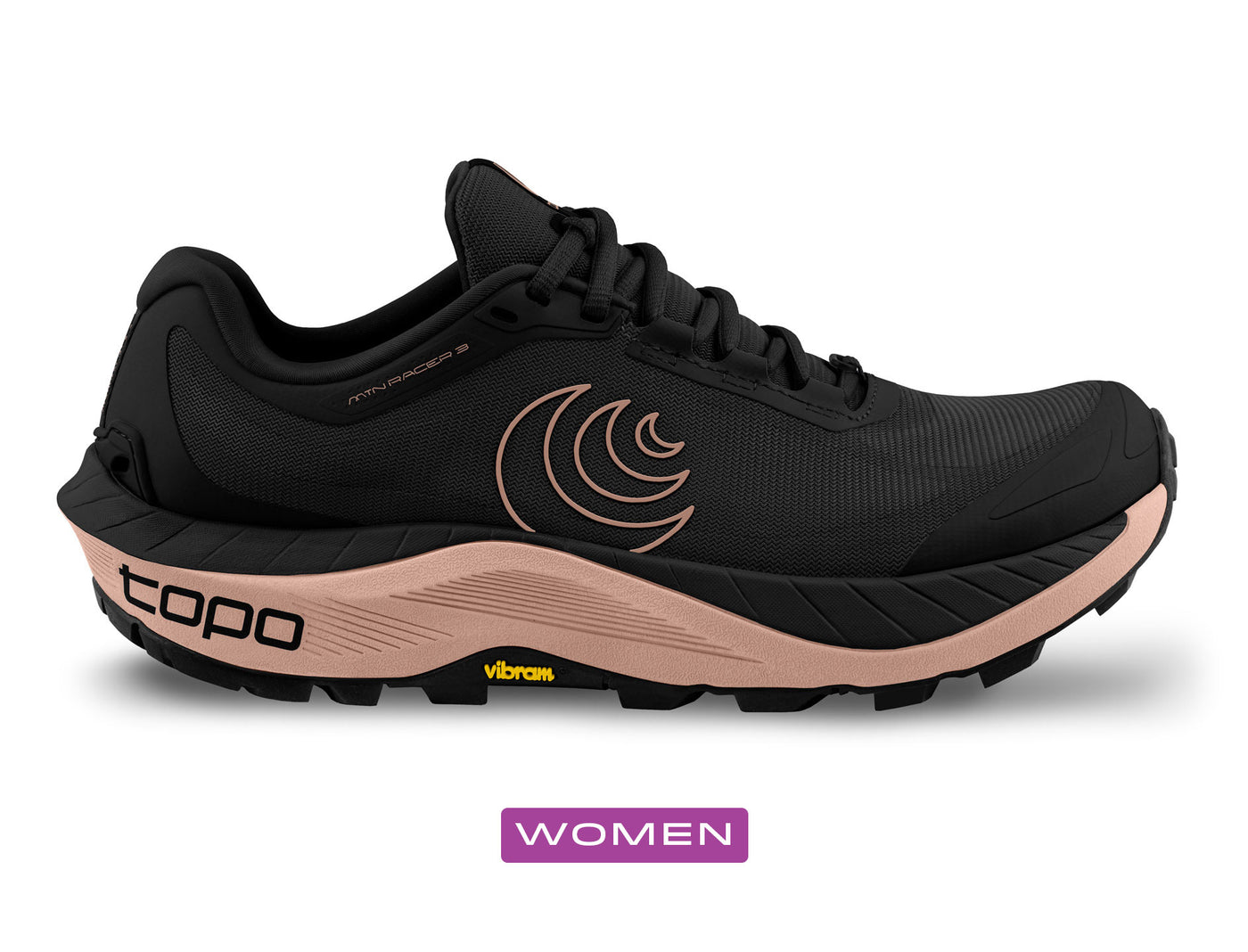 Black and mauve Mtn Racer 3 side view. Trail running shoe is black and midsole is mauve